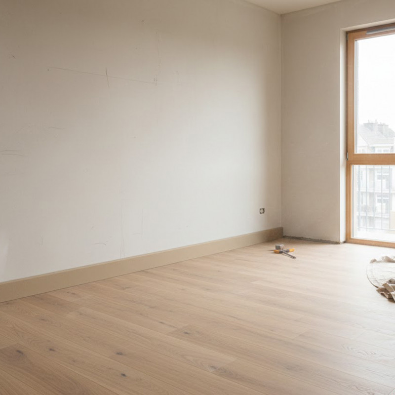 Plinthes MDF brut bord carré 95 × 9 mm posées dans une pièce