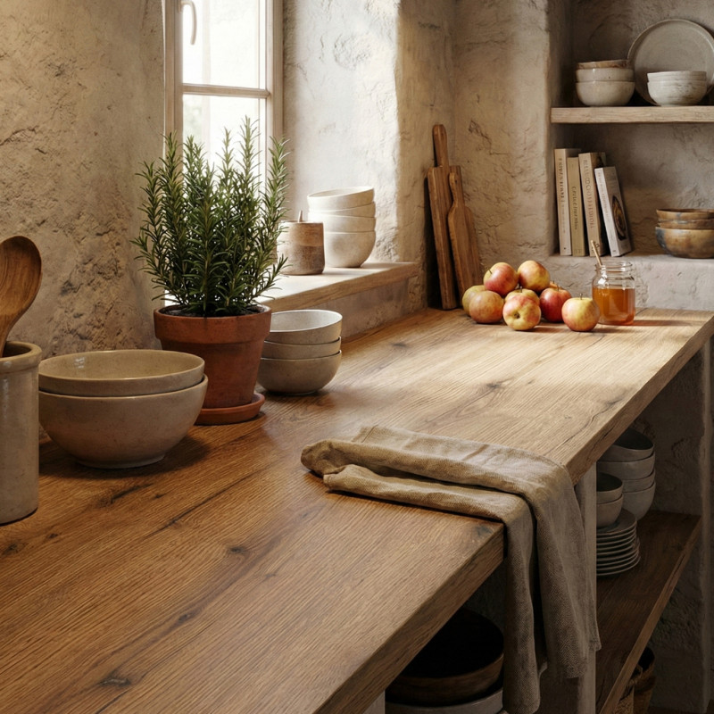 Cuisine avec plan de travail stratifié décor chêne