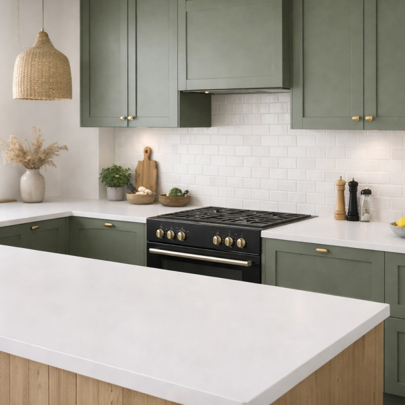 Cuisine avec plan de travail stratifié décor blanc