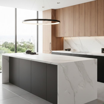 Ilot central stratifié HPL marbre blanc 1600 x 900 x 38 mm FSC