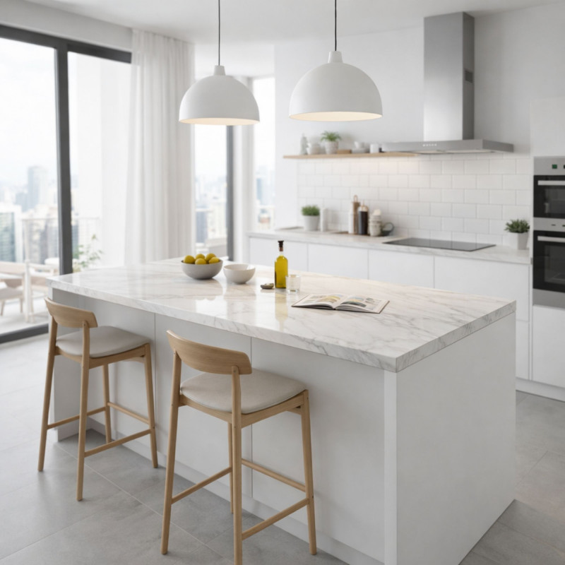 Cuisine avec plan de travail stratifié décor marbre gris