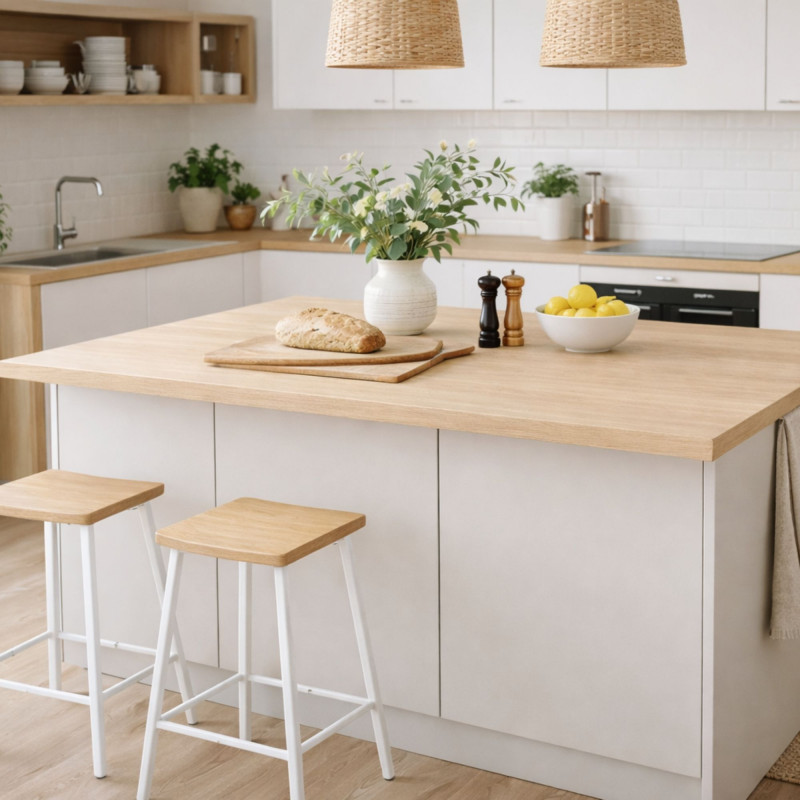 Cuisine avec plan de travail stratifié décor chêne clair