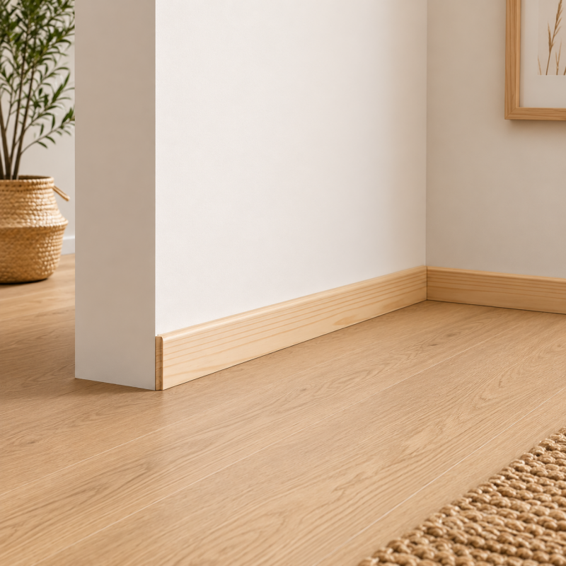 Plinthes sapin massif petits nœuds bord droit 68 × 9 mm posées dans une pièce