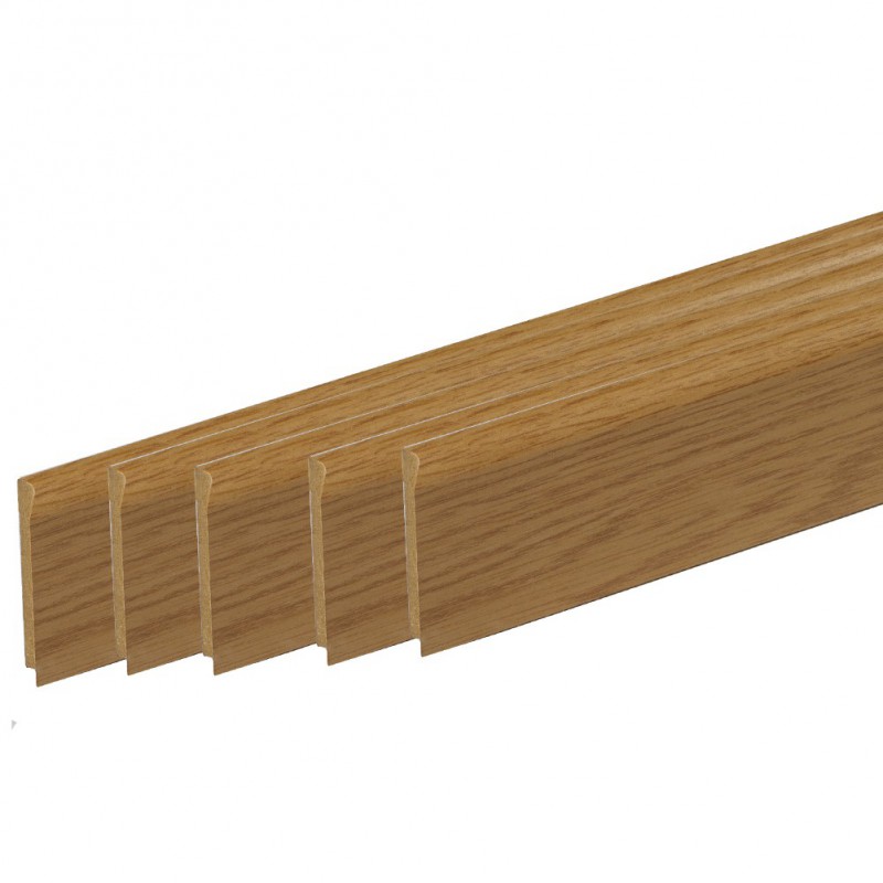 Pack promotionnel de 5 plinthes MDF revetu chêne bord arrondi 2000 x 68 x 9 mm .