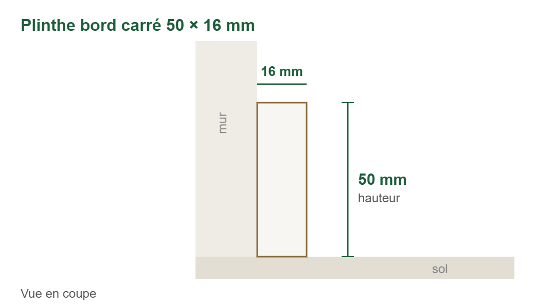 Croquis en coupe : plinthes mdf revêtues blanc bord carré 50 × 16 mm, 50 mm de haut et 16 mm d’épaisseur